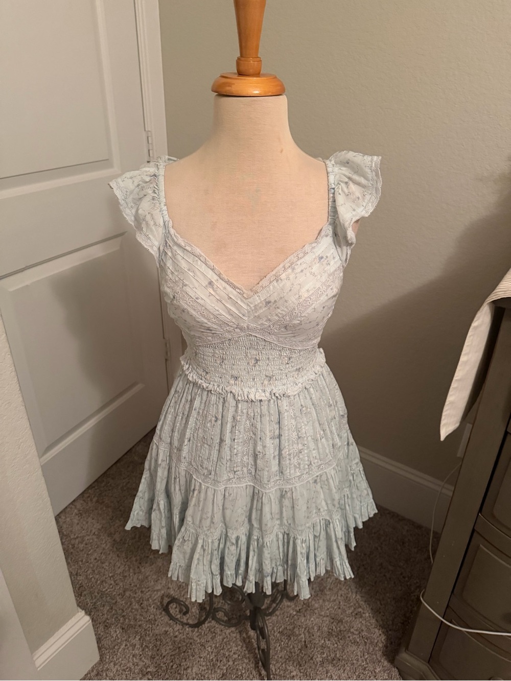 LoveShackFancy 100% cotton Light Blue Ruffled V-Neck Sundress